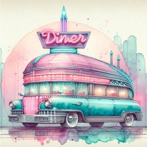 Vintage Diner, Retro Aquarell, Americana Style, Pastell Nostalgie, Restaurantbilder, American Diner, JPG-Bilder