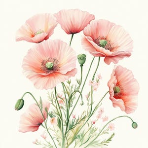 Mohnblumen, Mohnblumen, Blumendruck, Aquarellkunst, Botanische Kunst, Blütendruck, Cottagecore, Sommerblumen, Naturwand, JPG-Bilder