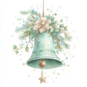 Christmas Bell, Holiday Decor, Festive Ornament, Winter Bell Art, Watercolor Bell, Elegant Christmas, Bell Clipart, Pine Bell Art,
