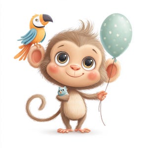Clipart singe, bébé singe, animaux de la jungle, art singe mignon, ballon singe, singe et oiseau, art de la jungle pour enfants, dessin de singe
