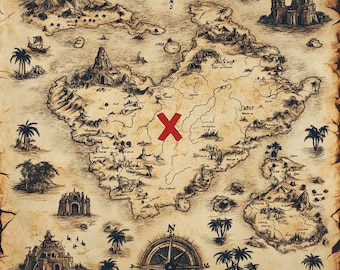 宝の地図、海賊の地図、古地図アート、Xマークの地図、ビンテージ地図