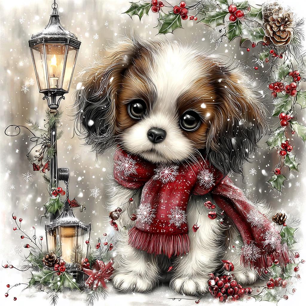 Christmas Puppy With Ornaments and Flowers, Cute Holiday Dog Art