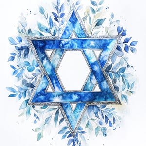May include: A blue and silver Star of David with a watercolour effect, surrounded by blue and green leaves.