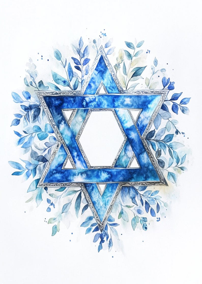 May include: A blue and silver Star of David with a watercolour effect, surrounded by blue and green leaves.