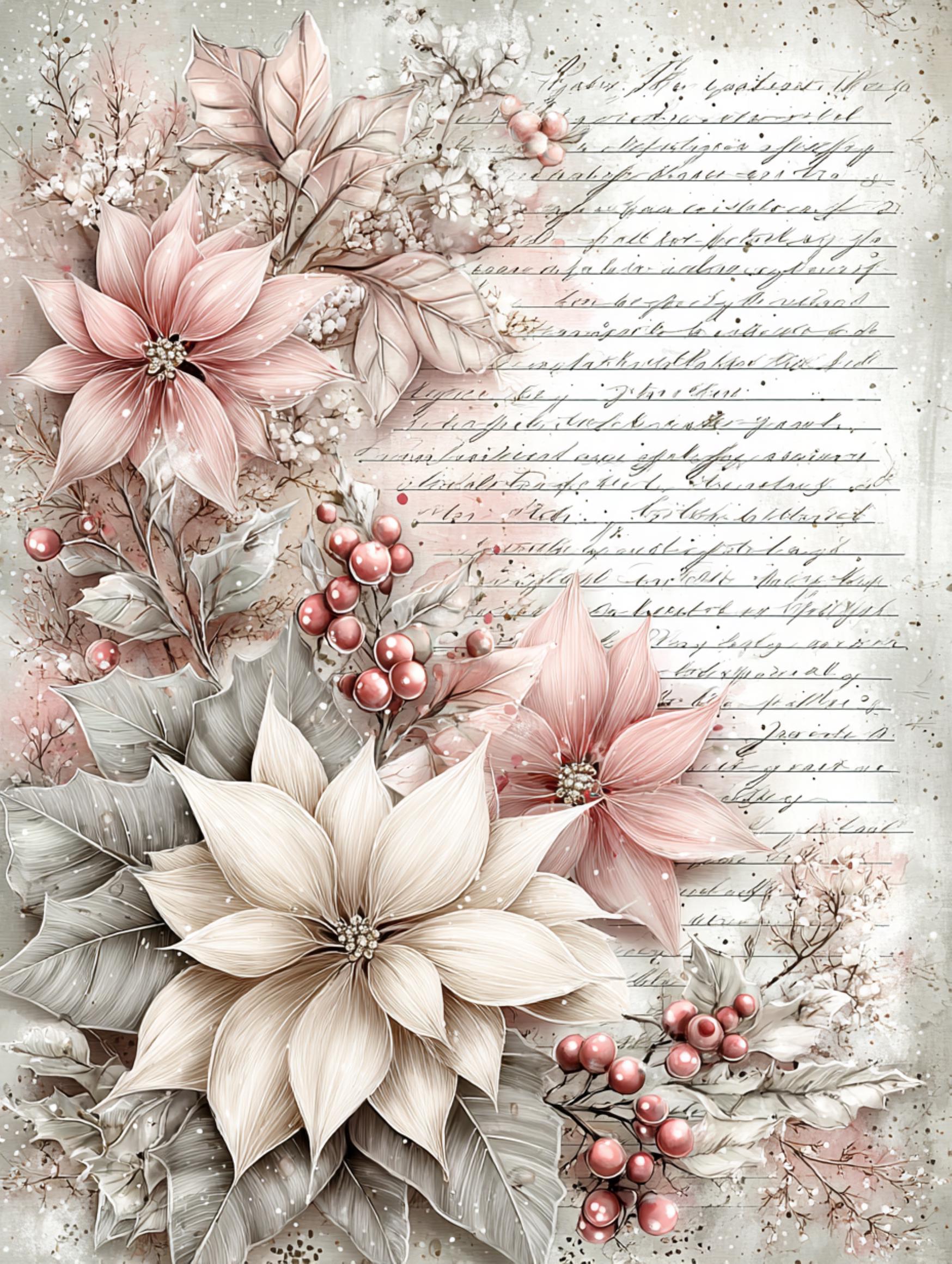 花の絵 クリスマスの絵　ボタニカル フラワーアート クリスマス 猫アート 花柄 ポインセチアの花、クリスマスの花柄、水彩画のベリー、ヴィンテージの