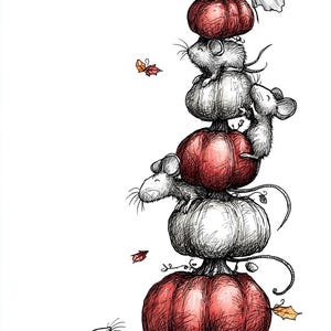 May include: Whimsical illustration of a stack of pumpkins in shades of red and gray, topped with several mice and a small ghost. The artwork has a hand-drawn, sketched style, with autumn leaves scattered around.