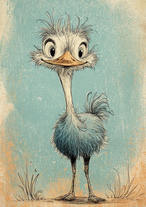 気まぐれなダチョウ、漫画のダチョウ、面白い鳥のアート、大きな目の鳥