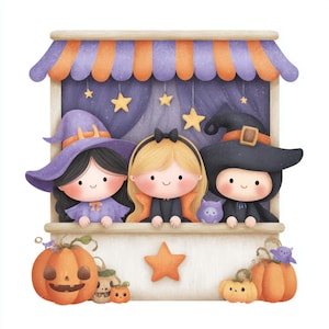 Witchy Booth, halloween booth, cute witch art, trick or treat, spooky kids art, pumpkin stand, halloween market, witch costume, kawaii art