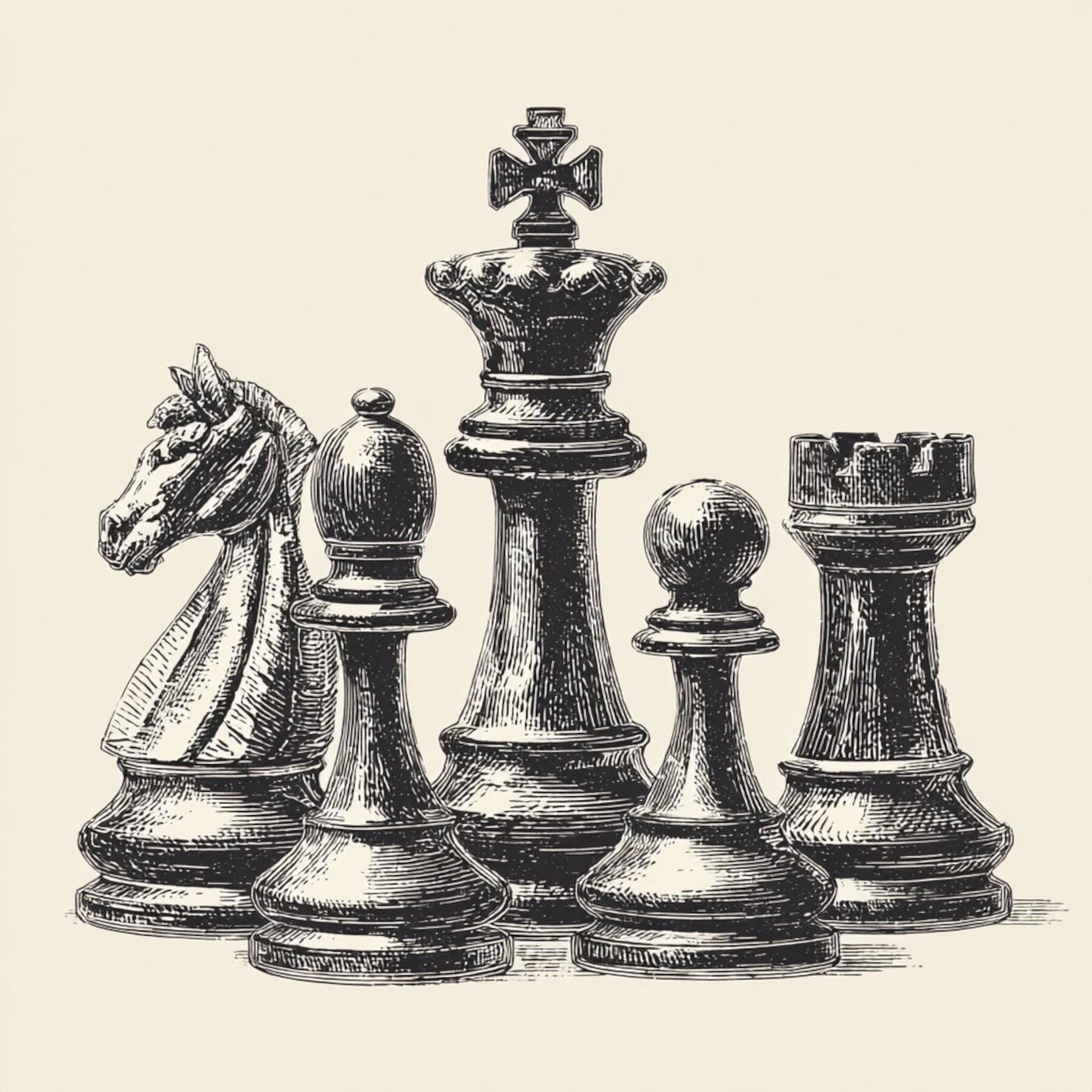 チェスの駒、キング・クイーン・ポーン、チェスのアートプリント、白黒