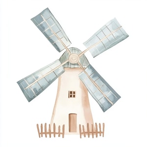 clipart de moulin à vent, art rustique, décoration pastel, style campagnard, charme de la ferme, vent vintage, tons doux, maison rurale, impression murale. Images JPG