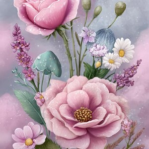 Flores em tons pastel, jardim dos sonhos, flores do céu noturno, flores estreladas, arte celestial, flores silvestres rosa, plantas mágicas, flores iluminadas pela lua