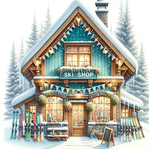 Ski Shop Clipart, Winter Shop Kunst, Clipart der Schneehütte, Skihütte Kunst, Aquarell, Urlaub Ski Szene, alpine Schaufenster, JPG Bilder