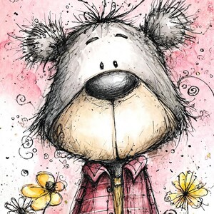 Puede incluir: Ilustraci&oacute;n en acuarela de un oso con una gran nariz y una camisa a cuadros roja. El oso est&aacute; sobre un fondo rosa con detalles florales y espirales decorativas. La obra tiene un aspecto dibujado a mano.