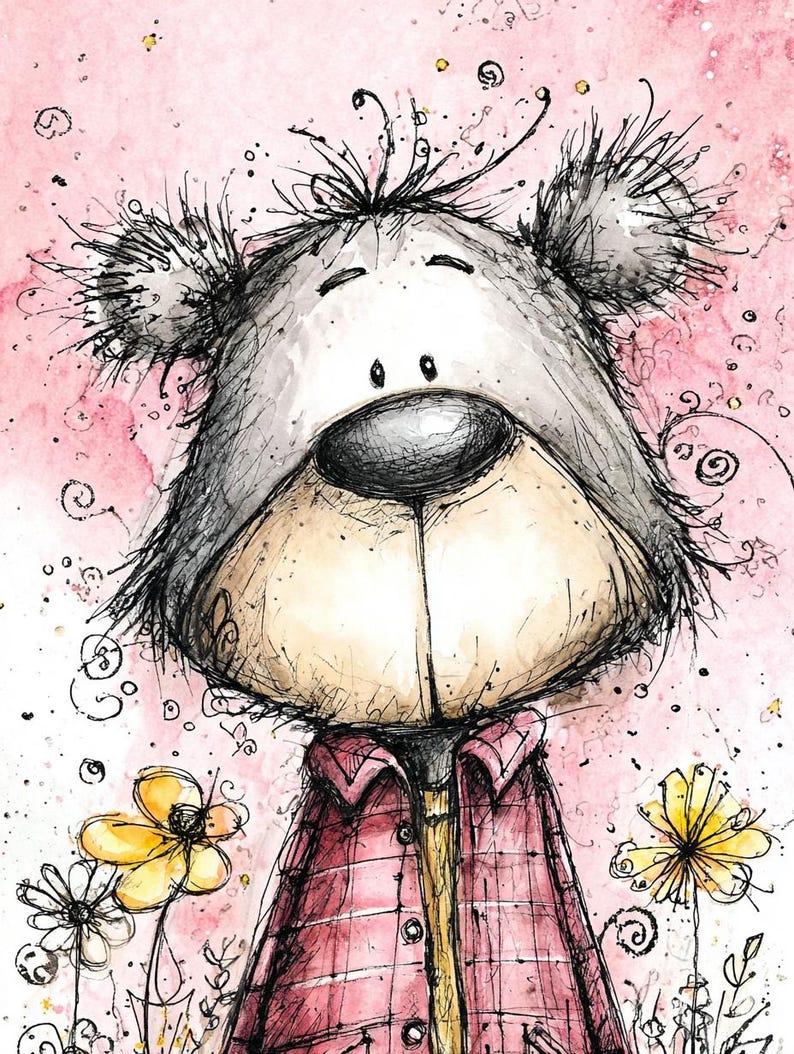 Puede incluir: Ilustraci&oacute;n en acuarela de un oso con una gran nariz y una camisa a cuadros roja. El oso est&aacute; sobre un fondo rosa con detalles florales y espirales decorativas. La obra tiene un aspecto dibujado a mano.