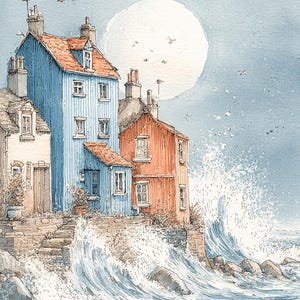 May include: Watercolor painting of seaside cottages. The buildings are painted in shades of blue, orange, and white, with red tile roofs. A large wave crashes against the stone foundation. A full moon and birds are in the sky.