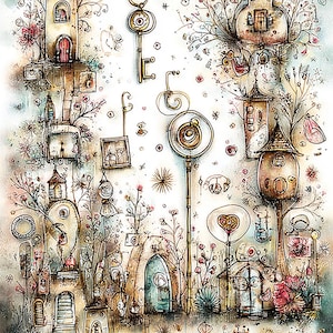 May include: Whimsical watercolor illustration featuring miniature houses, keys, and floral elements. The artwork showcases a fantasy village with detailed architectural designs, including towers and arched doorways, in a soft color palette.