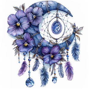 Sztuka Bratków, Księżyc Clipart, Boho Decor, Niebieskie Kwiaty, Dream Art, Styl Indie, Kwiatowy Księżyc, Mistyczny Clipart, Magic Decor, obrazy jpg
