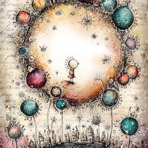 May include: Whimsical watercolor illustration featuring a small figure gazing at a large, colorful orb surrounded by smaller spheres. The artwork includes a cityscape at the bottom and a textured, handwritten background. The color palette includes blues, oranges, and purples.