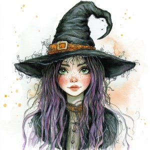Puede incluir: Una ilustración de acuarela de una joven con el pelo largo morado que lleva un sombrero de bruja negro con una banda naranja. Tiene ojos verdes y pecas.