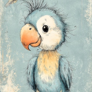 Loro lindo, loro bebé, loro esponjoso, loro azul, loro amarillo, pájaro tropical, loro exótico, arte de loro, impresión de loro