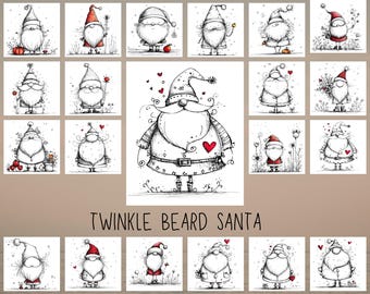 Puede incluir: Una colección de ilustraciones en blanco y negro de gnomos de Papá Noel con gorros rojos y corazones. El texto "TWINKLE BEARD SANTA" se muestra debajo de las imágenes. Perfecto para la decoración navideña.