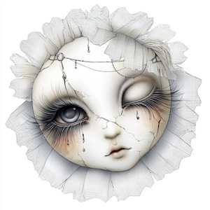 visage de poupée fissuré, poupée hantée, art de poupée gothique, visage de porcelaine triste, effrayant mignon, masque de poupée en dentelle, étrange poupée cassée, beauté craquelée,