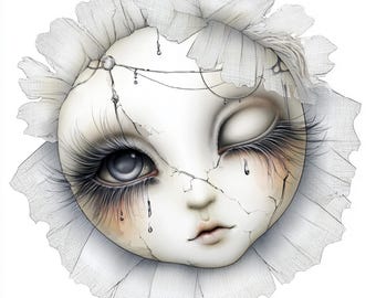 cracked doll face, haunted doll, gothic doll art, sad porcelain face, creepy cute, lace doll mask, eerie broken doll, cracked beauty,
