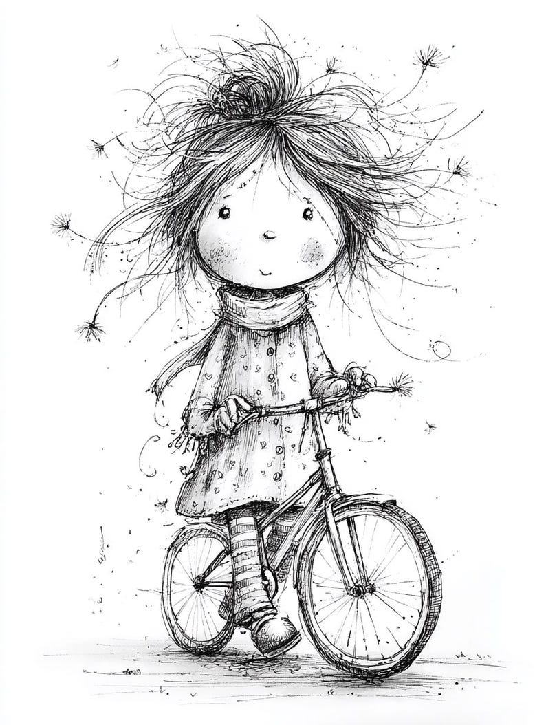 May include: A detailed black and white illustration of a child on a bicycle. The child has a messy hairstyle and is wearing a coat and scarf. The bicycle is drawn with fine lines, creating a sketch-like aesthetic.