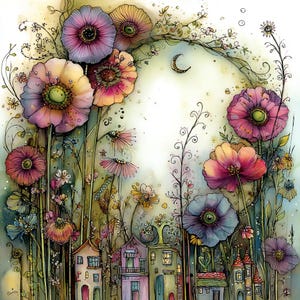 May include: A watercolour painting depicting a whimsical scene with vibrant flowers in pinks, purples, and yellows. A crescent moon and a row of miniature houses are also featured. The artwork has a dreamy, fairytale aesthetic.