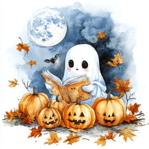Lecture De Fantômes, Art Fantôme Mignon, Fantôme Citrouille, Livres D'automne, Art D'Halloween, Fantôme Confortable, Feuilles D'automne, Amateur De Livres, Fantasmagorie Mignonne, Images JPG