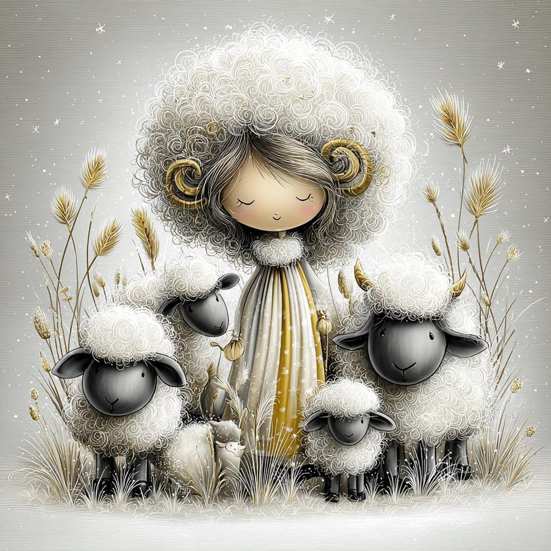 Little Bo Peep Art Set, Whimsical Shepherd Girl and Sheep, Golden ...