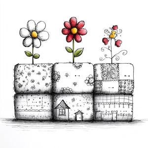 May include: Whimsical illustration of three flowers in patterned square pots. The flowers are white, red, and yellow, with green stems and leaves. The pots are stacked and decorated with floral and house motifs, all outlined in black.