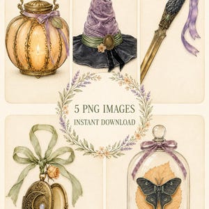 May include: A collection of five digital illustrations featuring a glowing lantern, a purple pointed hat, a raven-headed dagger, an open gold locket with a moon motif, and a moth inside a glass cloche, with text reading 5 PNG IMAGES INSTANT DOWNLOAD.