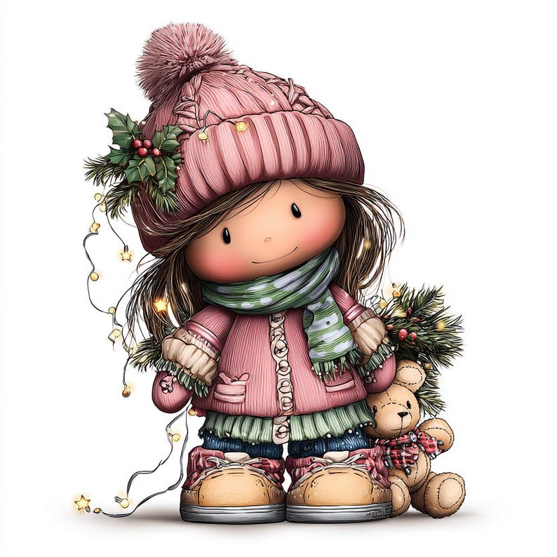 May include: A digital illustration of a smiling girl wearing a pink knit hat with a pom-pom, a matching coat, and a green and white scarf. She holds a teddy bear and is decorated with Christmas lights and holly.