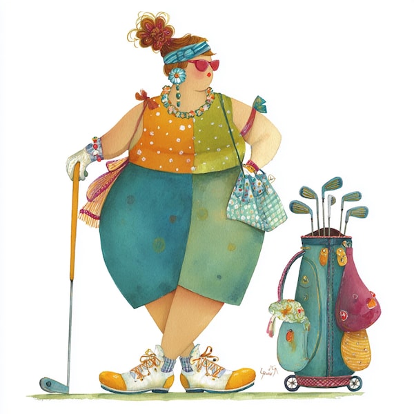 boho golfer, vibrant art ,colorful art, elegant style, sporty chic, plus size, golf art, stylish boho ,female golfer