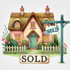 Makelaarswinkel, huis te koop, makelaardij, woningaanbieding kunst, vastgoedkantoor, aquarel landgoed, onroerend goed decor, JPG-afbeeldingen
