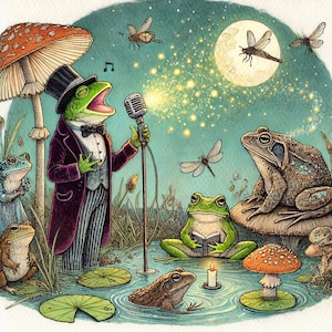 Vie de grenouille, illustration de grenouille, grenouilles mignonnes, grenouilles aquarelles, art fantaisiste, clipart grenouille, art de livre pour enfants, animaux de la forêt, images JPG