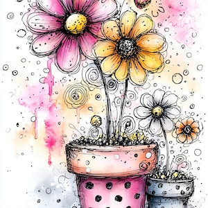 May include: Watercolor illustration of potted flowers. A large pink pot with black polka dots holds three flowers: pink, yellow, and white. A smaller gray pot with white dots holds two smaller flowers. The background has watercolor washes and ink details.