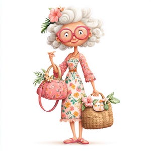 May include: A cartoon illustration of an elderly woman with white curly hair, wearing pink glasses and a floral dress. She holds a pink purse and a woven basket, both decorated with flowers. The image has a cheerful, summery theme.