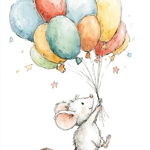 Voler haut, art mignon de souris, souris avec des ballons, impression de souris volante, art mural de chambre d'enfant, clip de souris pastel, décoration de chambre de bébé, art de fête de souris