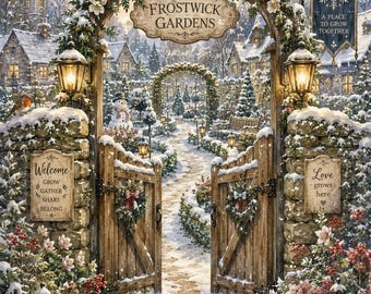 Peut inclure: Une scène de jardin hivernal avec un portail en bois sous une arche marquée Frostwick Gardens. Des piliers en pierre portent des panneaux Welcome Grow Gather Share Belong et Love grows here. Une enseigne indique Frostwick A Place To Grow Together.