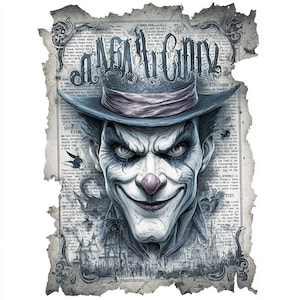 May include: A detailed illustration of a sinister clown with a top hat, set against a vintage newspaper background. The clown has a menacing grin, a red nose, and dark eye makeup. The text "NIGHT CITY" is at the top.