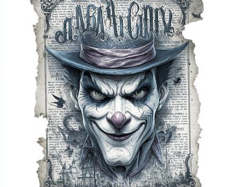 evil clown, scary circus, horror clown, creepy artwork, sinister smile, vintage horror, red nose clown, tattered paper, haunted circus