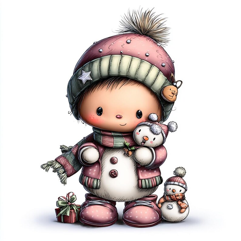 May include: A cute cartoon snowman character wearing a pink hat, scarf, coat, and boots. The character is holding a snowman plushie and standing next to a smaller snowman and a wrapped gift. The image has a white background.