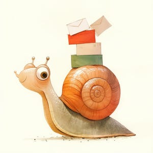 Snail Mail Art, schattige slakklem, briefdrager, pakketslak, grappige slakkunst, eigenzinnigheid, slakbezorging, e-mailclipart, happy snail, jpg