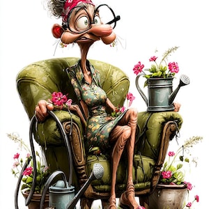 Puede incluir: Ilustración de dibujos animados de una persona mayor sentada en un sillón verde, rodeada de macetas y regaderas. La persona lleva un vestido floral, sandalias rojas y una bandana roja. Sostiene una flor y tiene ojos grandes y expresivos.