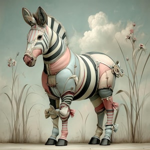 Könnte beinhalten: Eine künstlerische Darstellung eines Zebras mit pastellfarbenen Paneelen und Streifen in Rosa, Blau und Schwarz. Dekorative Schleifen und florale Akzente ergänzen das Design. Der Hintergrund zeigt einen weichen Himmel und hohes Gras.