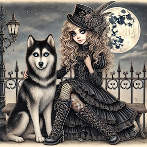 Patas góticas, arte gótico, perro de fantasía, escena a la luz de la luna, chica gótica, lindo husky, cuento de hadas oscuro, compañero canino, dibujado a mano, estilo victoriano, JPG