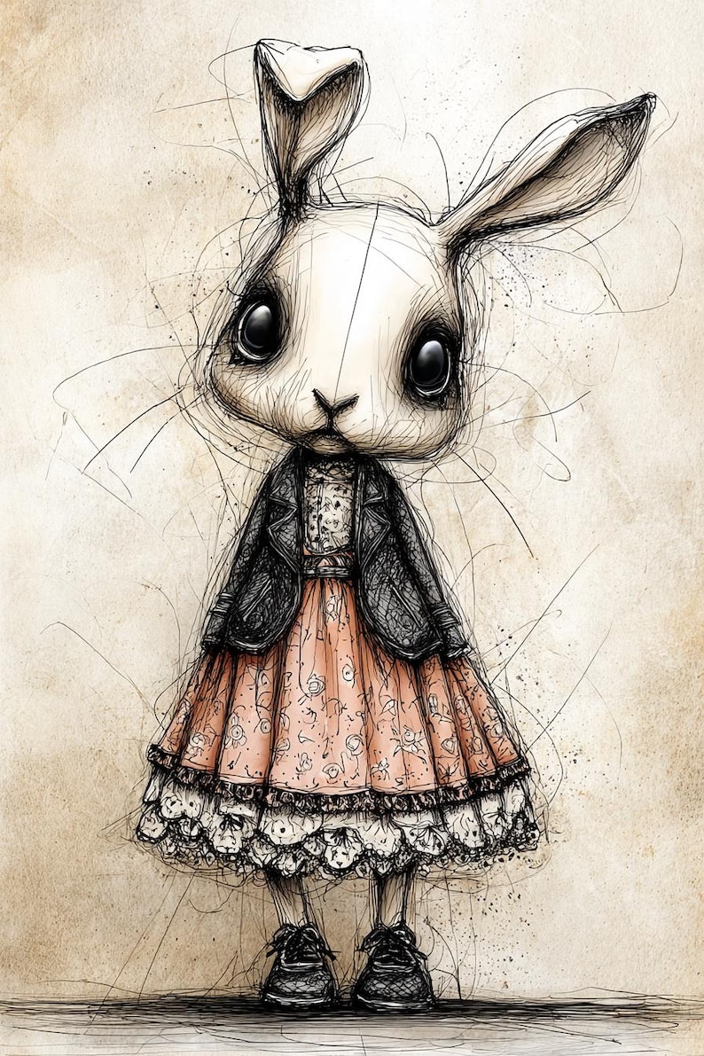 Gothic Bunny Girl, Whimsical Rabbit PNG Set, Vintage Bunny Art, Pink ...