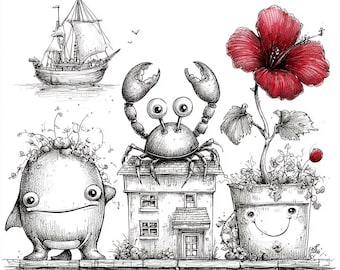 Nautical Friends CLIPART, Whimsical Whale And Crab Illustration, Vintage Ship And Lighthouse Art, Coastal Storybook Design